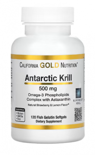 California Gold Nutrition, масло антарктического криля, комплекс фосфолипидов из омега-3 с астаксантином, натуральный клубнично-лимонный вкус, 500 мг, 120 капсул