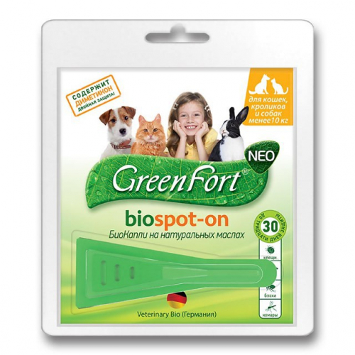 GreenFort БиоКапли от эктопаразитов (блох,вшей,власоедов,комаров,мух,слепней,иксодовых клещей) для кошек, кроликов и собак, массой менее 10 кг., 1 пипетка