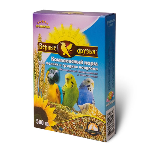 Верные друзья корм для мелких и средних попугаев, обогащенный витаминами и минералами (пакет), 500 г.