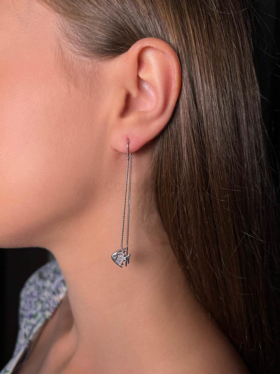 Серьги-продёвки из серебра с фианитами родированные 925 пробы С-2726р20016