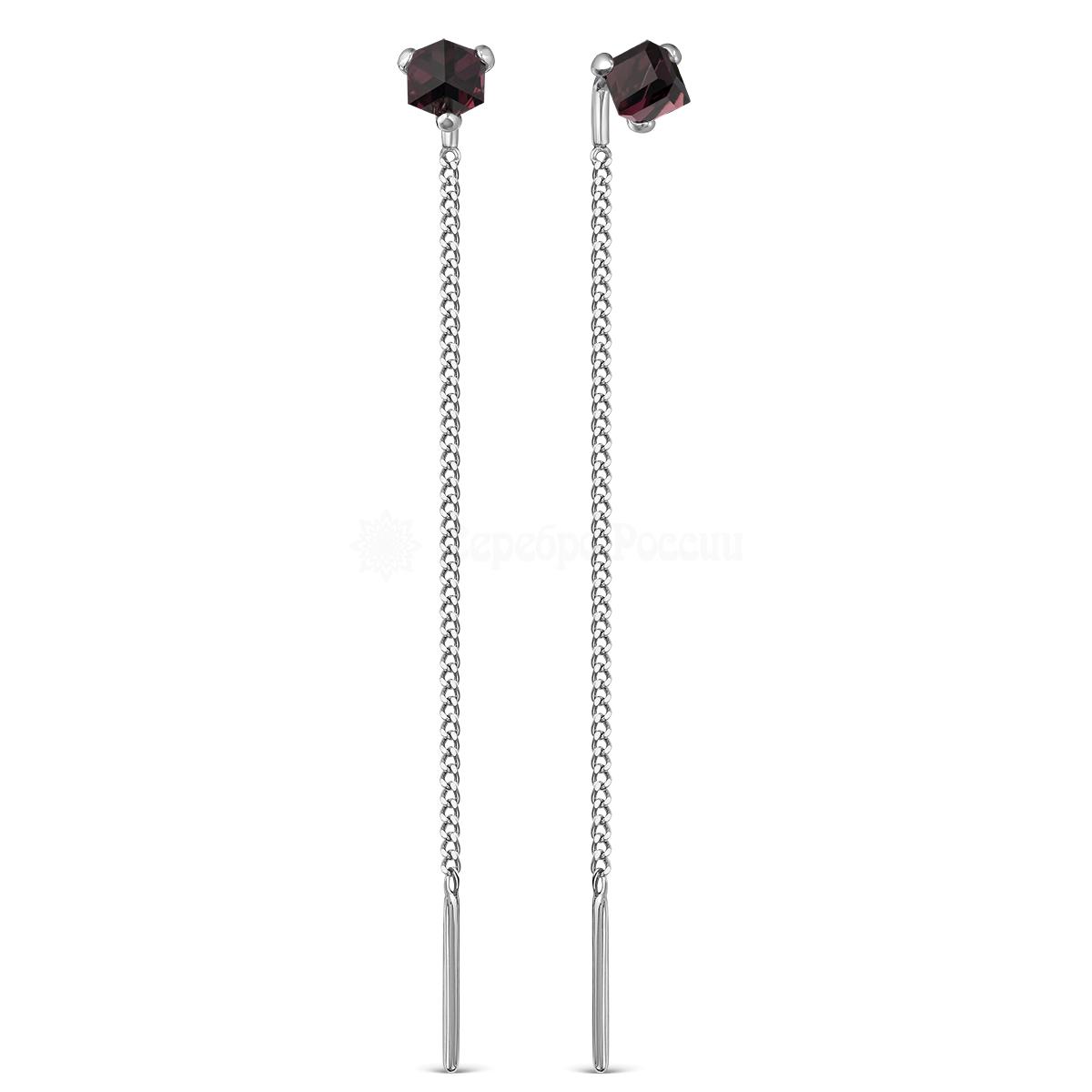 Серьги-продёвки из серебра с кристаллами премиум Австрия фиолетовый родированные 925 пробы 0058с-204