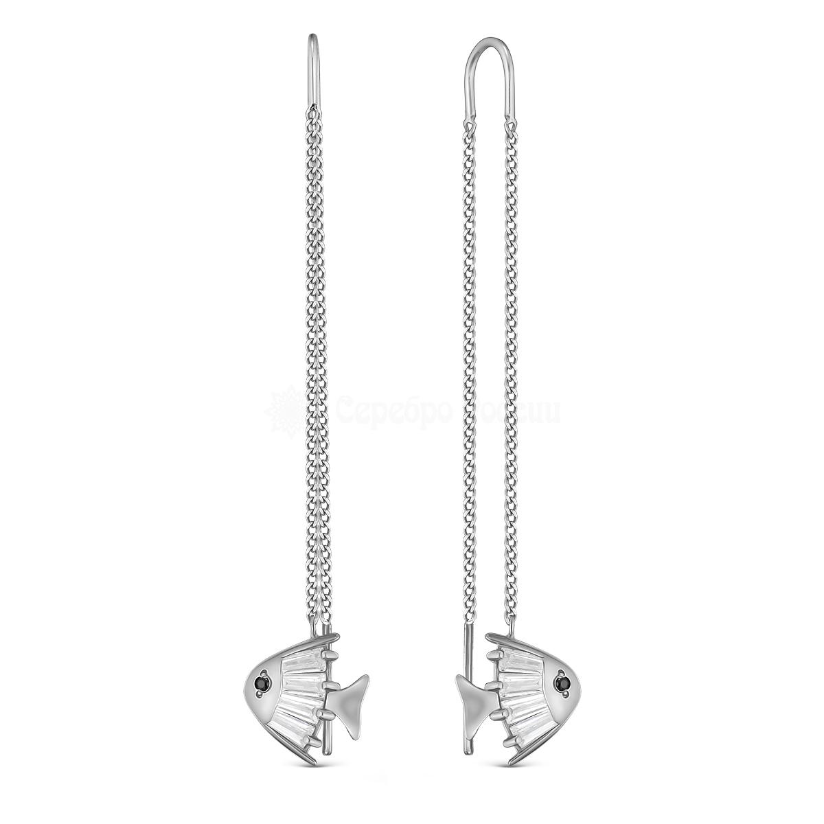 Серьги-продёвки из серебра с фианитами родированные 925 пробы С-2726р20016