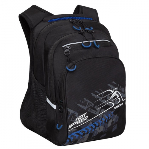 Рюкзак школьный, 38 х 26 х 20 см, Grizzly 350, эргономичная спинка, отделение для ноутбука, чёрный/синий RB-350-3_2