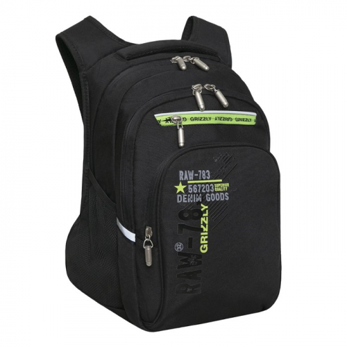Рюкзак школьный, 39 х 26 х 20 см, Grizzly 050, эргономичная спинка, отделение для ноутбука, чёрный/салатовый RB-050-11_4