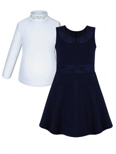 Школьный комплект для девочки с белой водолазкой (блузкой) со стразами и черным сарафаном с воротничком