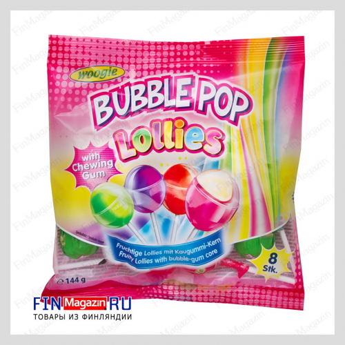 Фруктовые леденцы на палочке с жевательной резинкой Woogie Bubble Pop 144 гр