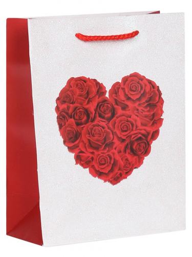 Пакет подарочный с мат.лам. и глиттером Сердце из роз, 18х23х12 см