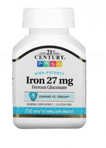 21st Century, высокоэффективное железо, 27 мг, 110 таблеток, которые легко глотать