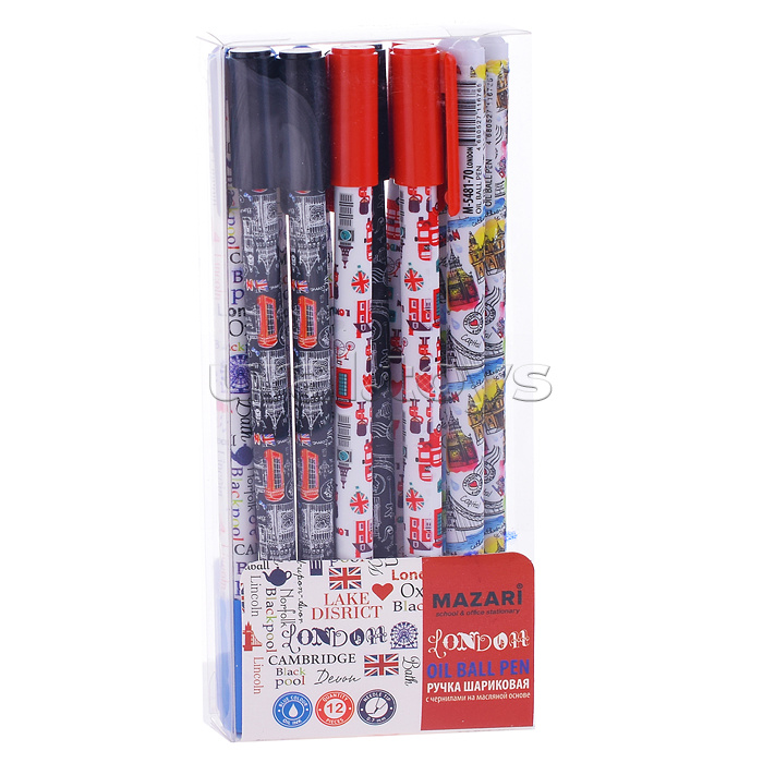 Ручка шариковая London, синяя, чернила на масляной основе, игольчатый пиш. узел 0.7 мм, цветной пластиковый корпус, 4 дизайна, сменный стержень 128 мм, ПВХ-упаковка