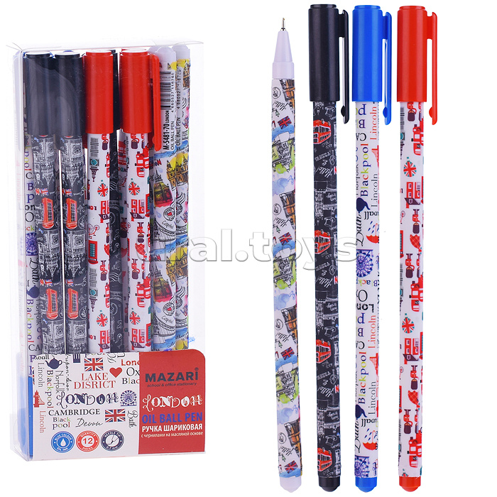 Ручка шариковая London, синяя, чернила на масляной основе, игольчатый пиш. узел 0.7 мм, цветной пластиковый корпус, 4 дизайна, сменный стержень 128 мм, ПВХ-упаковка