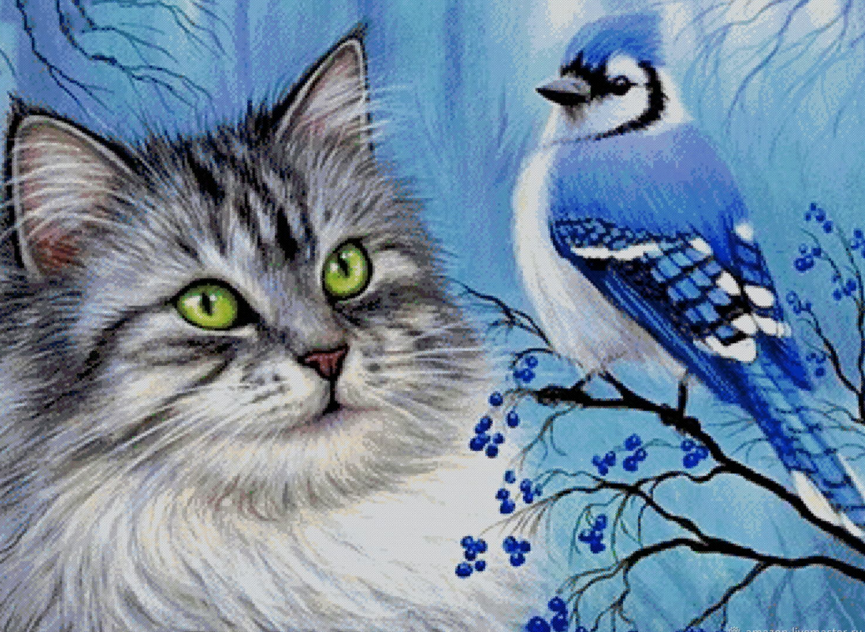 Мозайка алмазная кот с птицей