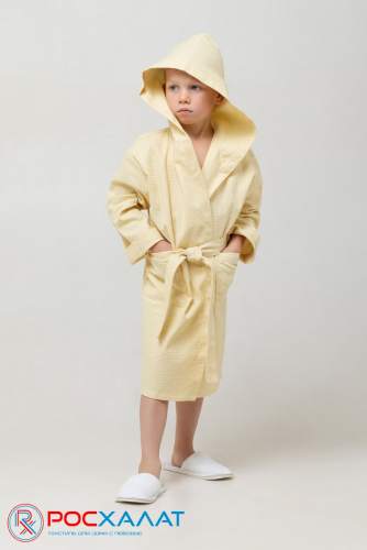 В-07 (1)  Детский вафельный халат с капюшоном Кремово-желтый