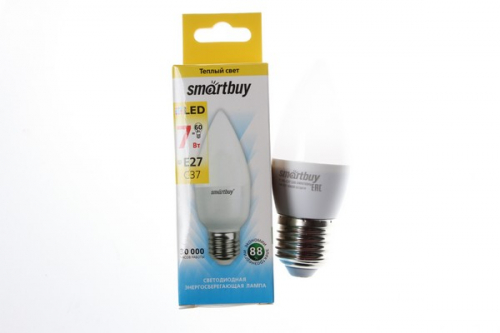 ЛАМПА светодиодная Smartbuy свеча С37 Е27 7W (500lm) 3000К 553550