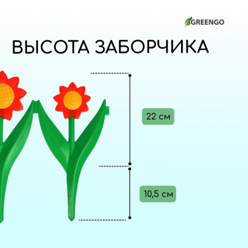 Декоративное ограждение для сада и огорода, 32,5 × 225 см, 5 секций, пластик, красный цветок, «Ромашка»