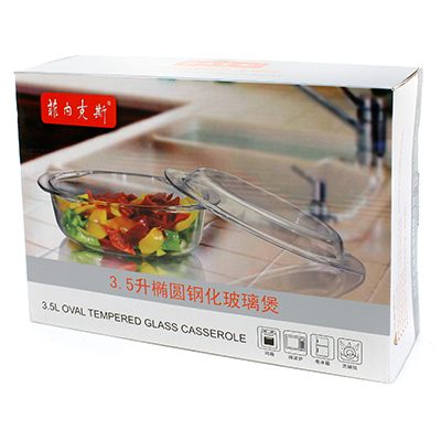 Латка стеклянная 3,5л, овальная 32х23см h13см, с крышкой, термостекло, в цветной коробке (Китай)