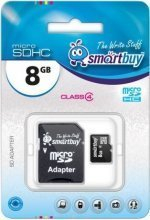 Карта флэш-памяти MicroSD 8 Гб Smart Buy +SD адаптер (class 4)