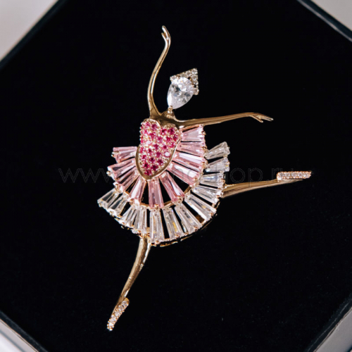 Брошь Балерина с розовыми фианитами и кристаллами
