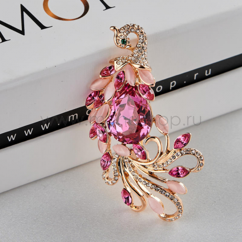 Брошь Райская птица с розовыми кристаллами Сваровски