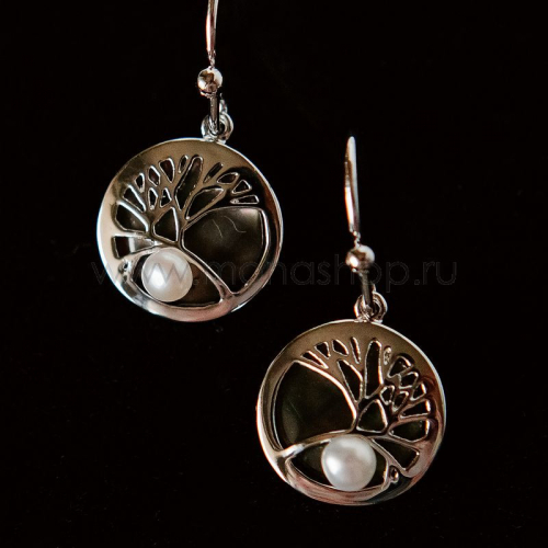 Серьги Ветви дерева с жемчужиной и перламутром, покрытие-серебро
