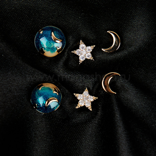 Серьги Ночное небо с кристаллами и эмалью из трех пар