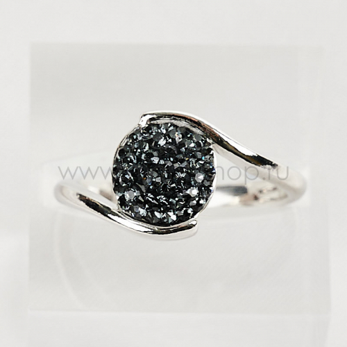 Кольцо Стелла с черными кристаллами Сваровски, покрытие - родий