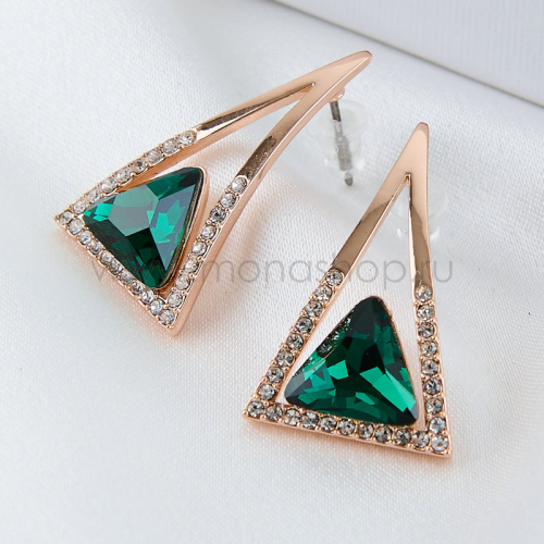 Серьги-треугольники Клеопатра зеленые с кристаллами Сваровски
