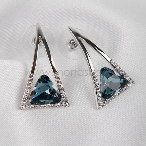 Серьги-треугольники Клеопатра с синими кристаллами Сваровски