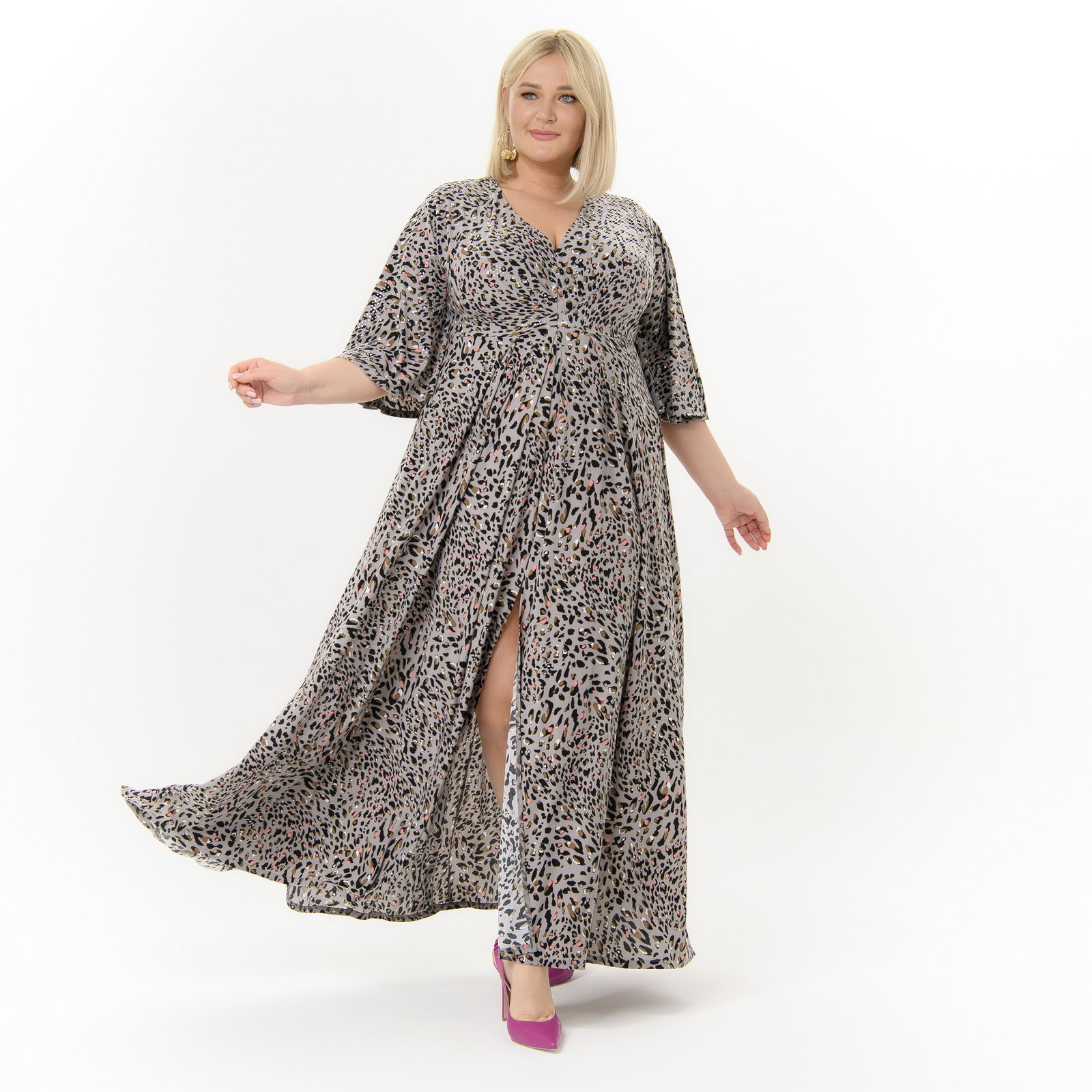 Платье длинное, с разрезом спереди, принт