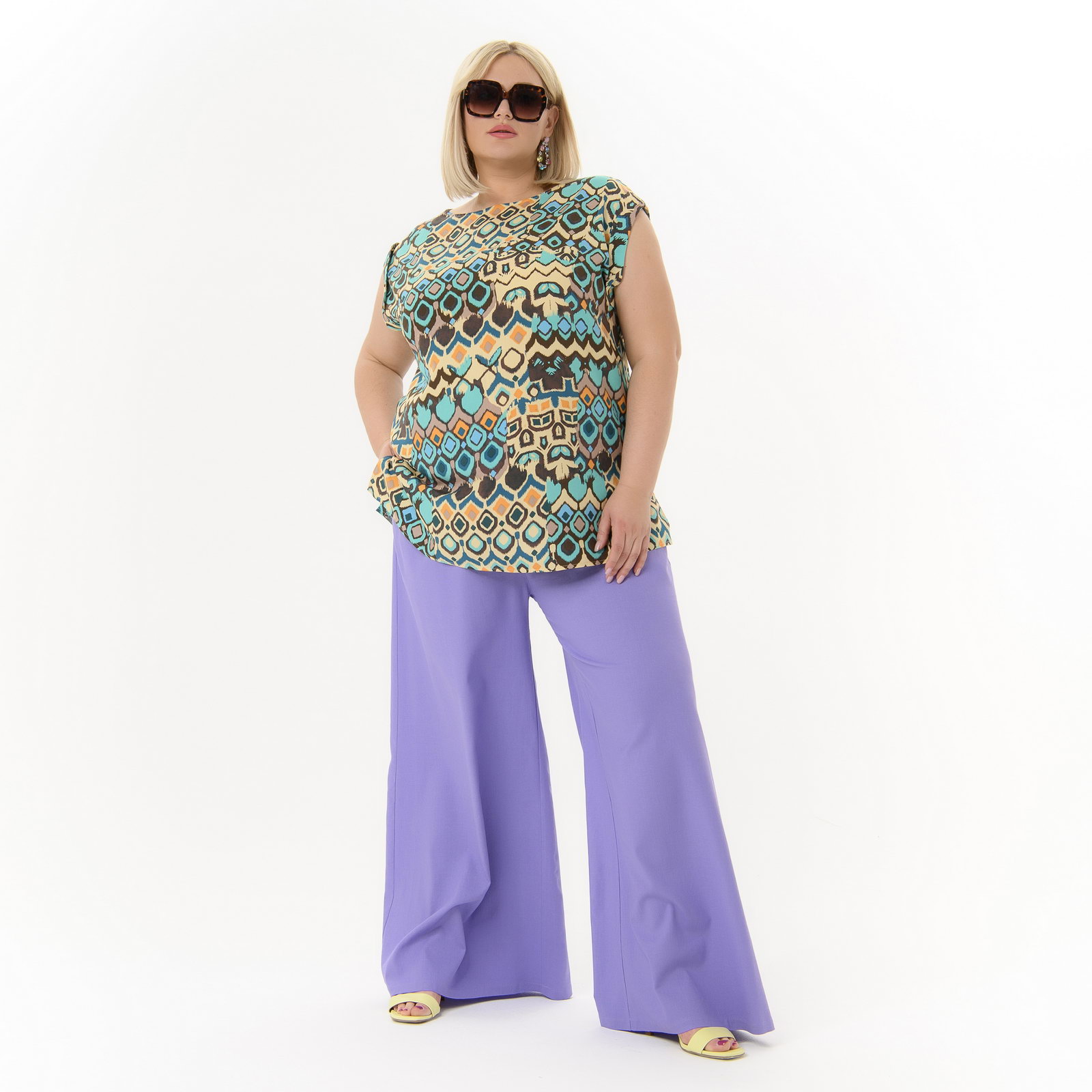 Брюки широкие из льна с карманами, цвет лавандовый