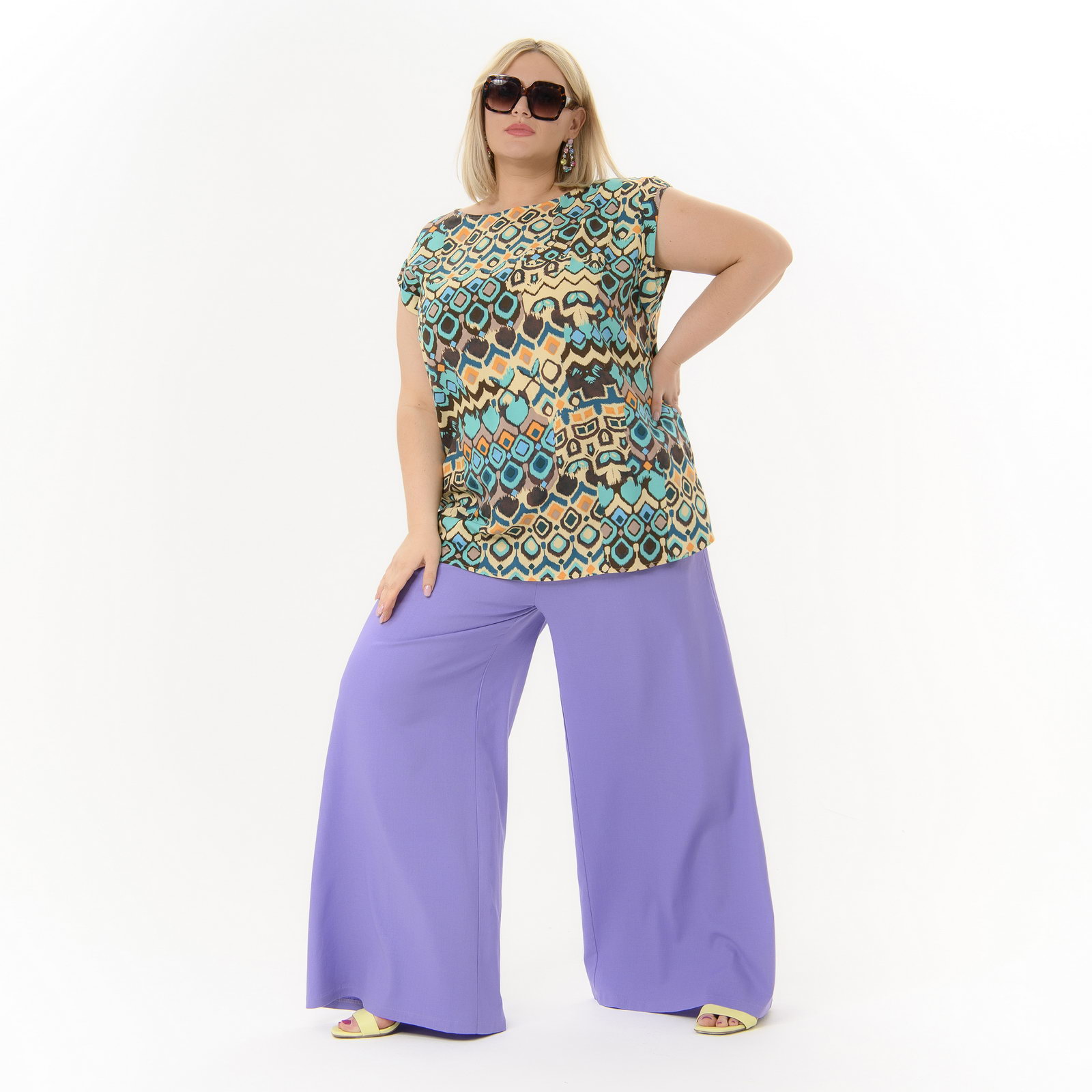 Брюки широкие из льна с карманами, цвет лавандовый