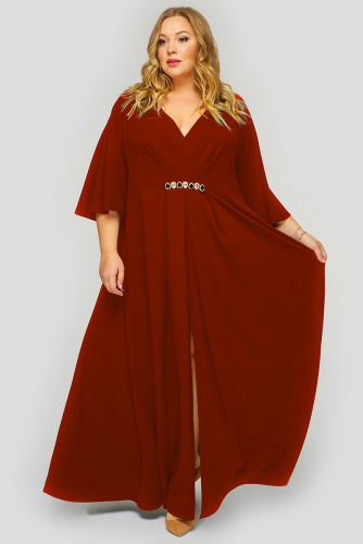 Платье длинное с разрезом из бордового крепа с пришивным украшением