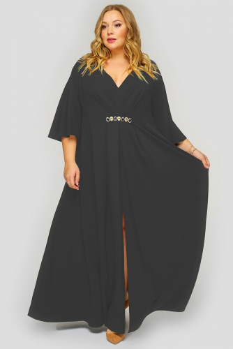 Платье длинное с разрезом из черного крепа с пришивным украшением