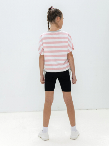 102537_OLG Комплект (футболка, велосипедки) для девочки розово-белая полоса//черный (вар.1)