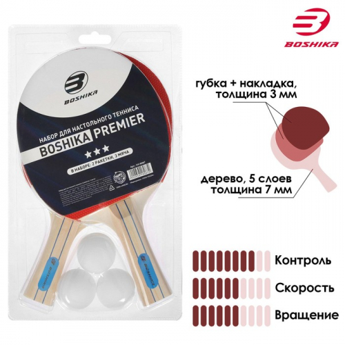 Набор для настольного тенниса BOSHIKA Premier: 2 ракетки, 3 мяча, 3 звезды