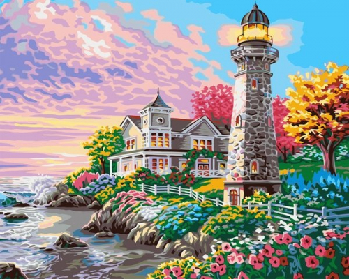 Картина по номерам 40х50 - Цветочный сад у маяка