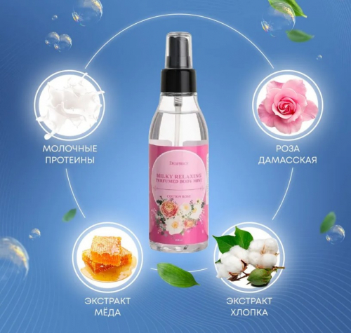 DEOPROCE MILKY RELAXING PERFUMED BODY MIST COTTON ROSE Успокаивающий парфюмированный мист для тела с ароматом хлопка и розы 150мл