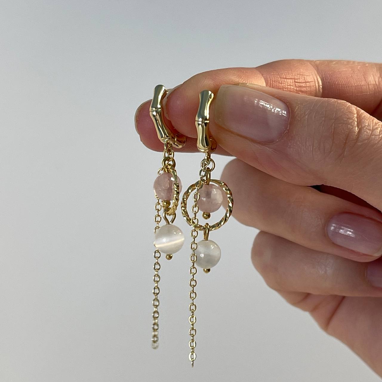 Радуга Самоцветов Серьги из Розового кварца и Селенита