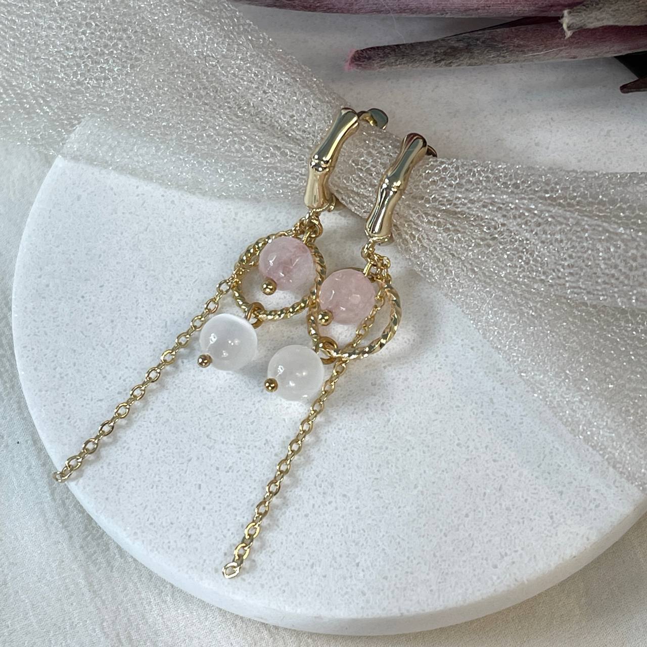 Радуга Самоцветов Серьги из Розового кварца и Селенита