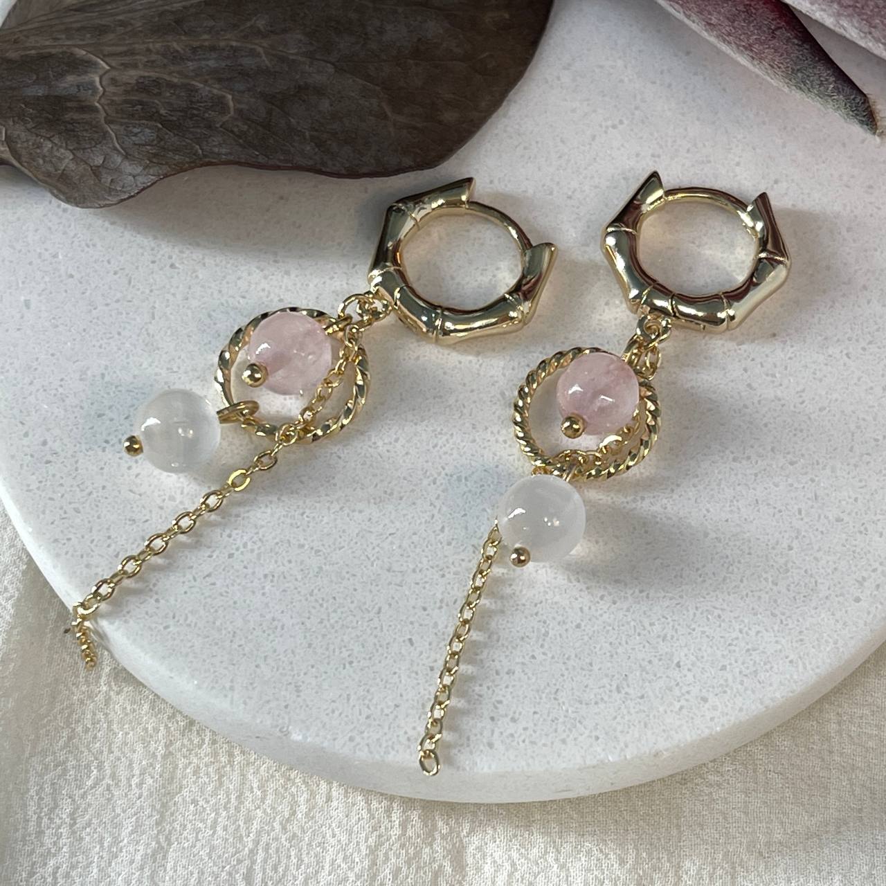 Радуга Самоцветов Серьги из Розового кварца и Селенита