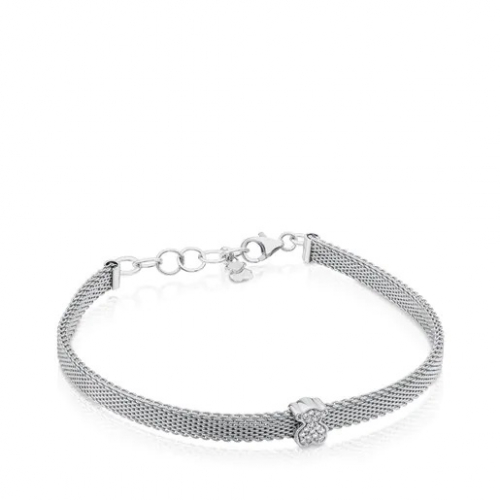 Steel and White Gold TOUS Icon Mesh Bracelet with Diamonds Bera motif 0,6cm