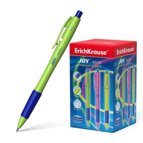 Ручка шариковая автоматическая ErichKrause® JOY® Neon, Ultra Glide Technology, цвет  чернил синий (в коробке по 50 шт.)