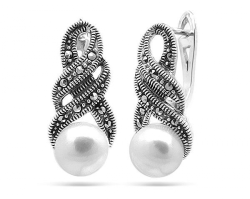 Серьги из серебра жемчуг, марказит, SL-AGA26