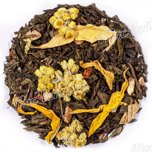 Зеленый чай с имбирем и медом (Сенча, ганпаудер, корень имбиря, груша, цвет бессмертника, лепестки подсолнуха, ароматизатор.)