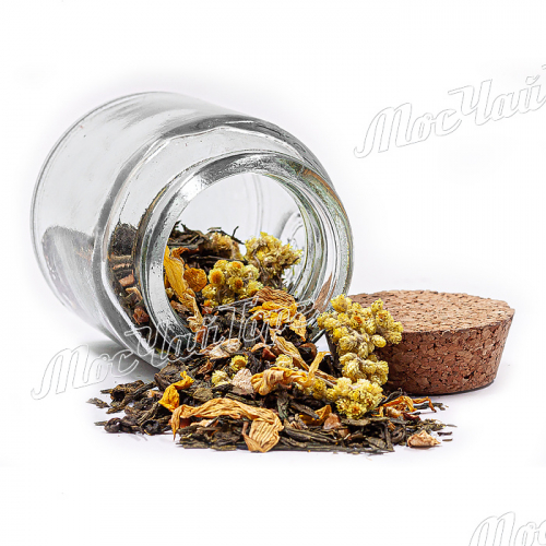 Зеленый чай с имбирем и медом (Сенча, ганпаудер, корень имбиря, груша, цвет бессмертника, лепестки подсолнуха, ароматизатор.)