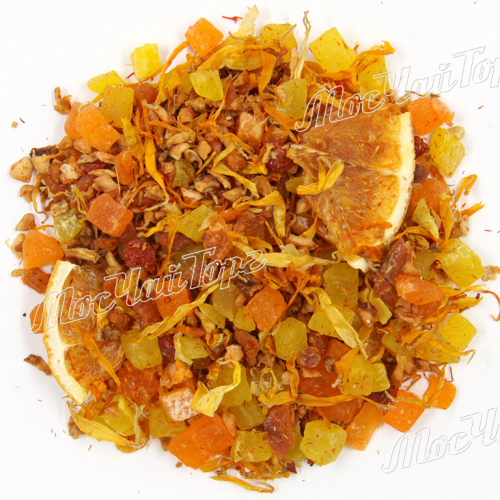 Фруктовый чай - Страстный поцелуй (Папайя, курага, яблоки, дольки апельсина, кусочки клубники, лепестки календулы, сафлор, ароматизатор.)