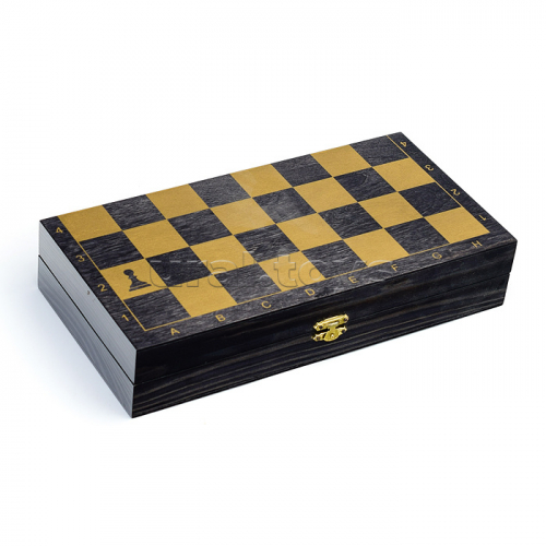 Игра 2в1 дорожная черная, рисунок золото с походными деревянными шахматами (шашки, шахматы) 