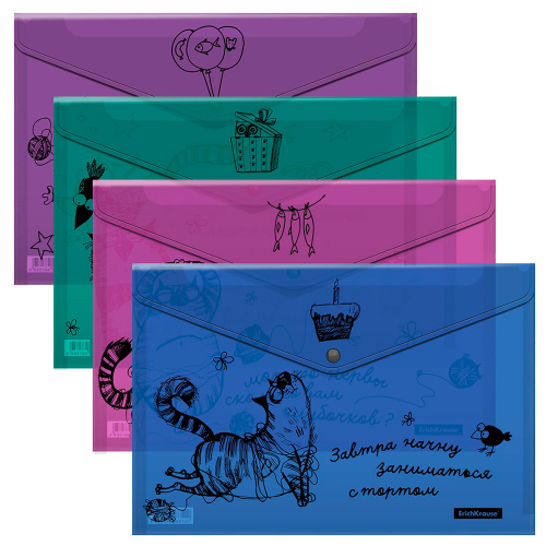 Набор из 4 папок-конвертов на кнопке пластиковых ErichKrause Zen Cats А4 ассорти 54905 в Нижнем Новгороде