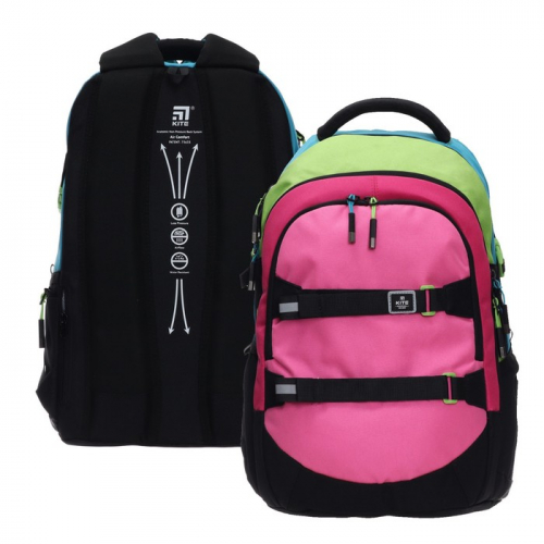 Рюкзак молодежный 44 х 30  х 21 см, эргономичная спинка, Kite Education teens, чёрный/розовый/бирюзовый/зелёный