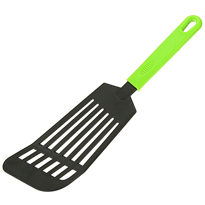 Лопатка кулинарная с прорезями пластмассовая для тефлоновой посуды черный 28,5см, ручки цветные, цвета микс (Китай)