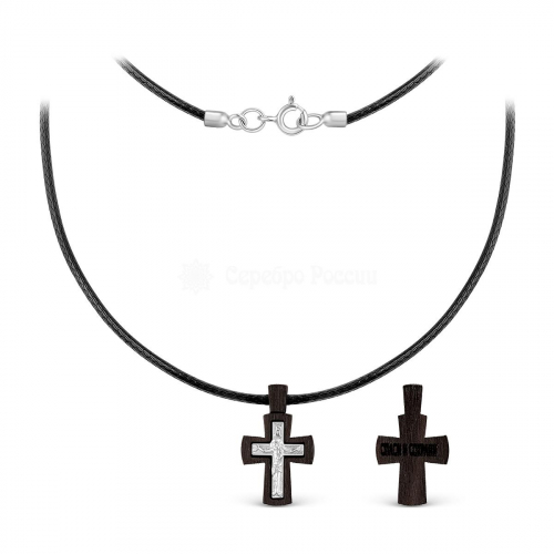 Колье с крестом из дерева граб на текстильном вощёном шнурке с элементом из родированного серебра - Распятие, 2 см ГК-011